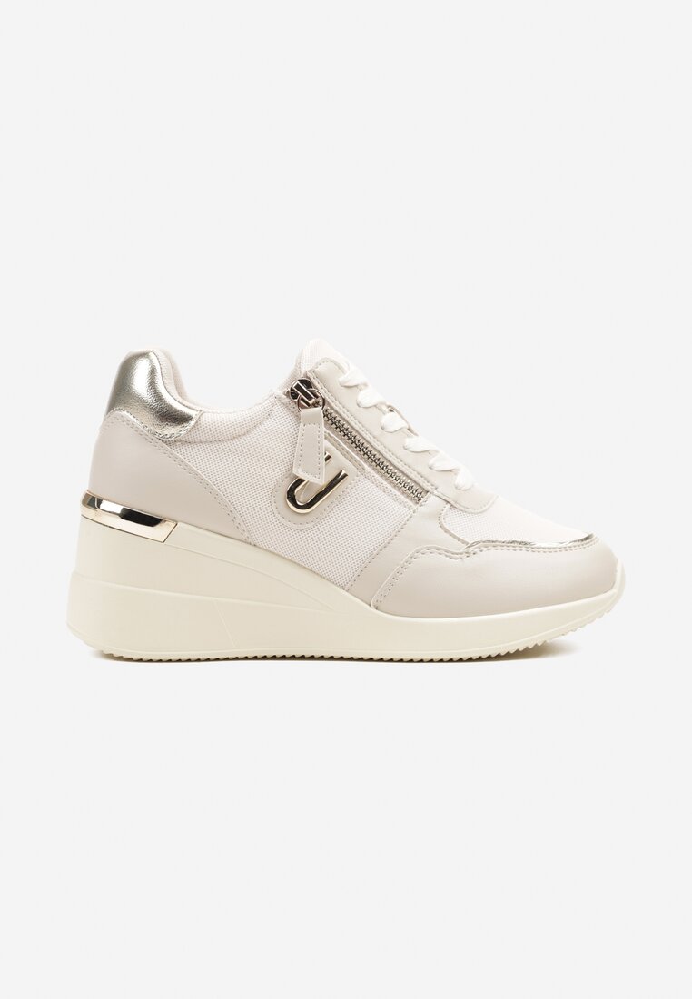 Beżowe Sneakersy na Koturnie Zdobione Suwakiem Hanithiel