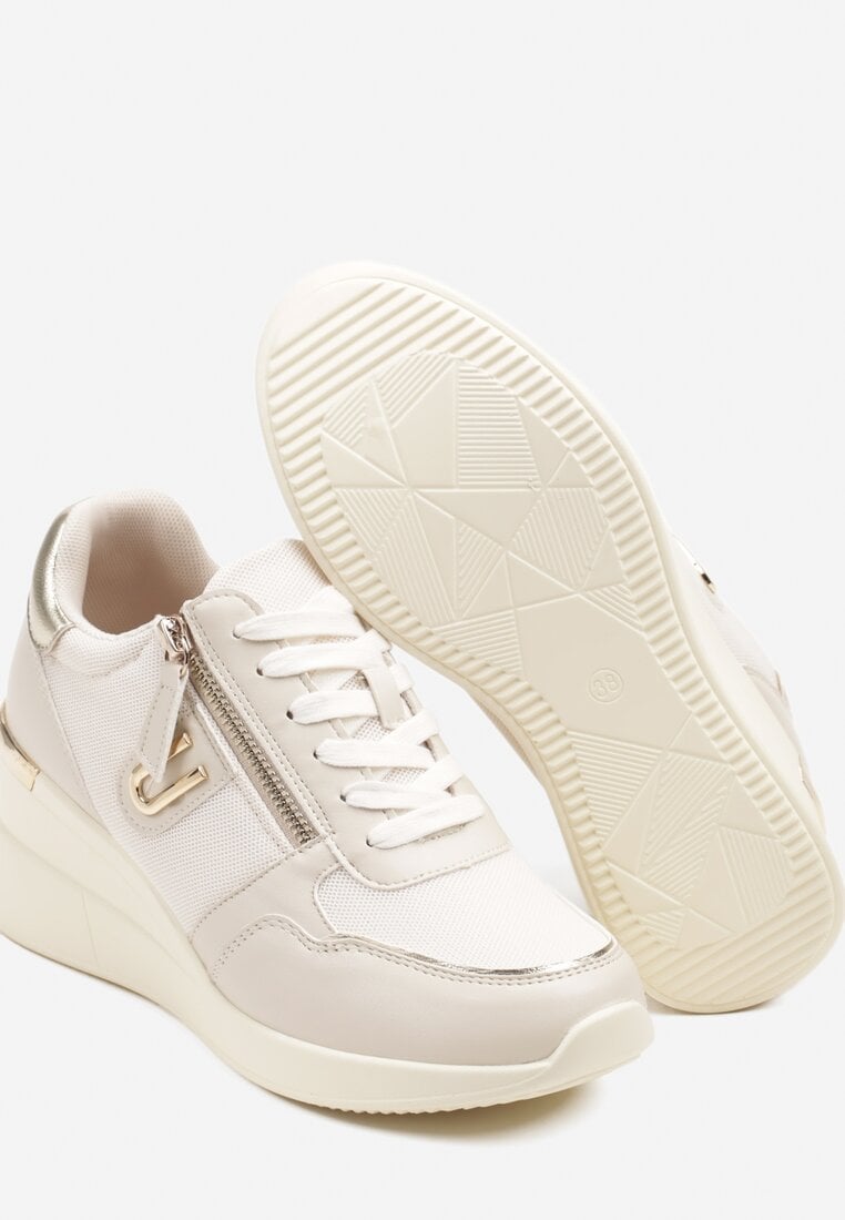 Beżowe Sneakersy na Koturnie Zdobione Suwakiem Hanithiel