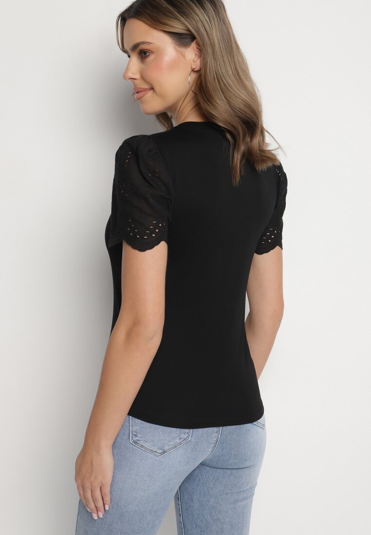 Czarny Bawełniany T-shirt z Ażurowymi Rękawami Nalanis