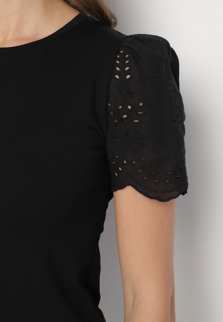Czarny Bawełniany T-shirt z Ażurowymi Rękawami Nalanis