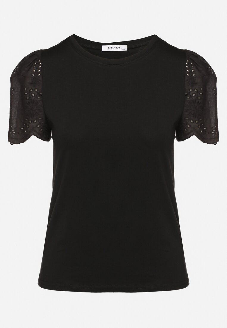 Czarny Bawełniany T-shirt z Ażurowymi Rękawami Nalanis
