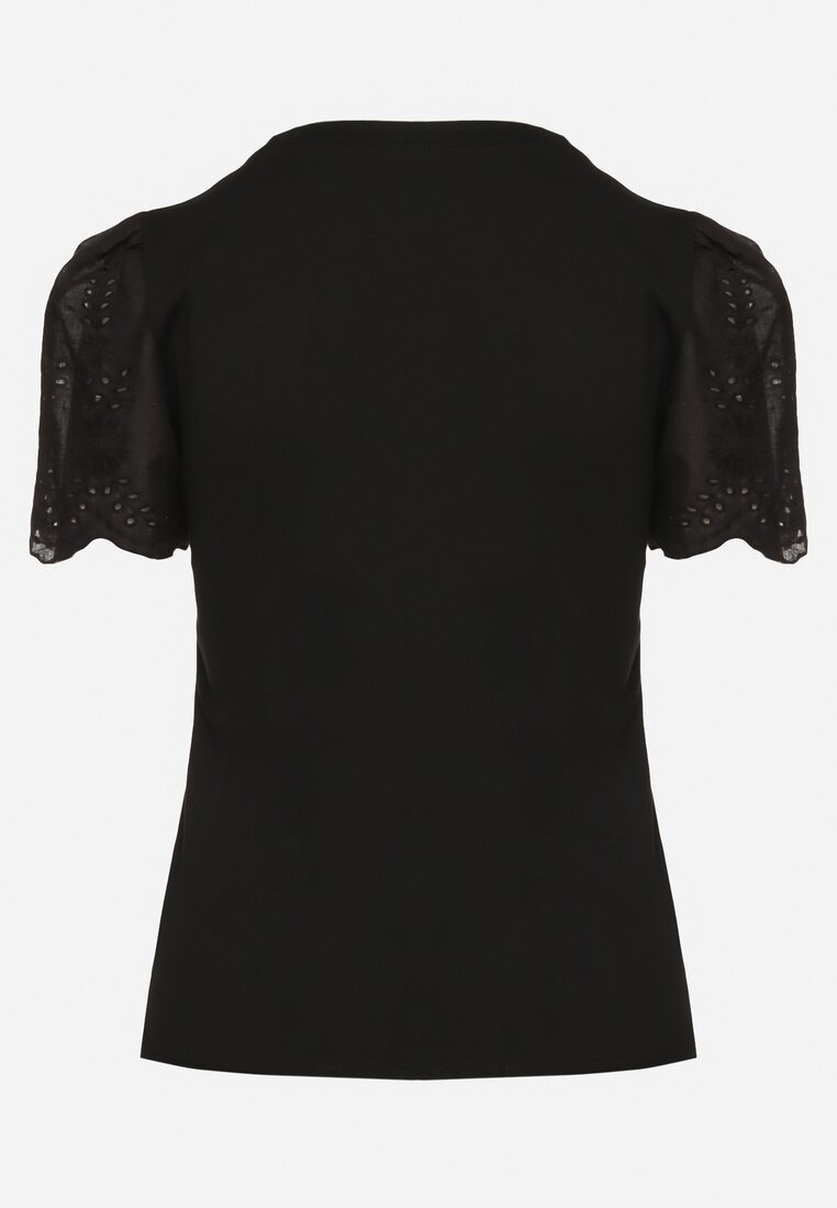 Czarny Bawełniany T-shirt z Ażurowymi Rękawami Nalanis