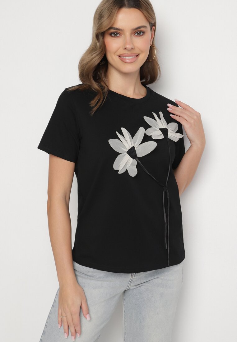 Czarny T-shirt z Bawełny Ozdobiony Kwiatami Marionis