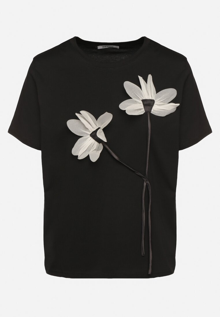 Czarny T-shirt z Bawełny Ozdobiony Kwiatami Marionis