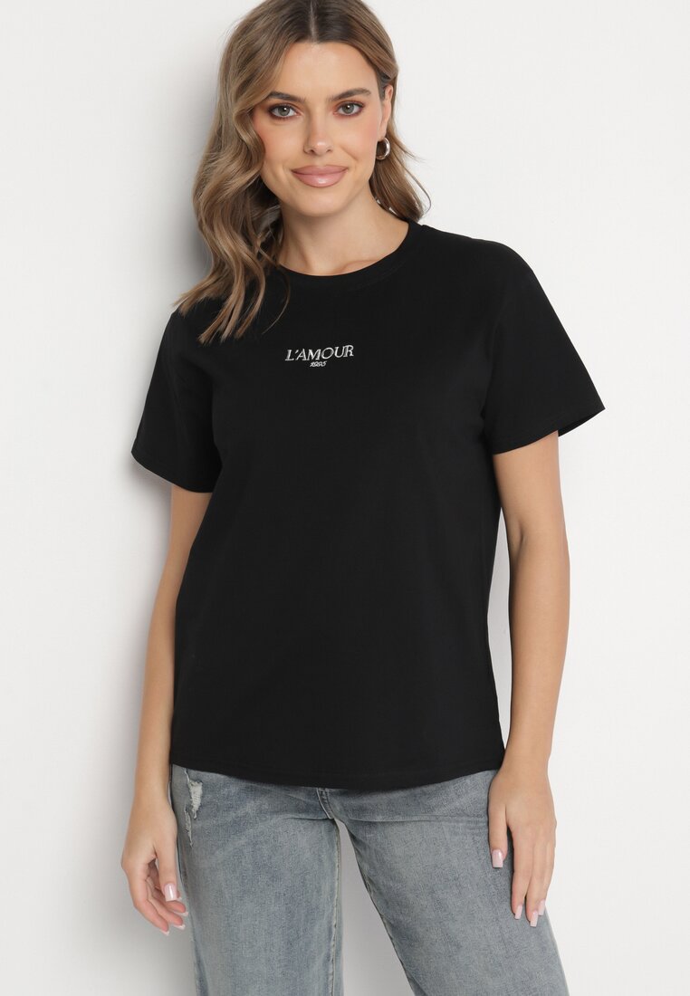 Czarny T-shirt z Bawełny Ozdobiony Napisem Marivorra
