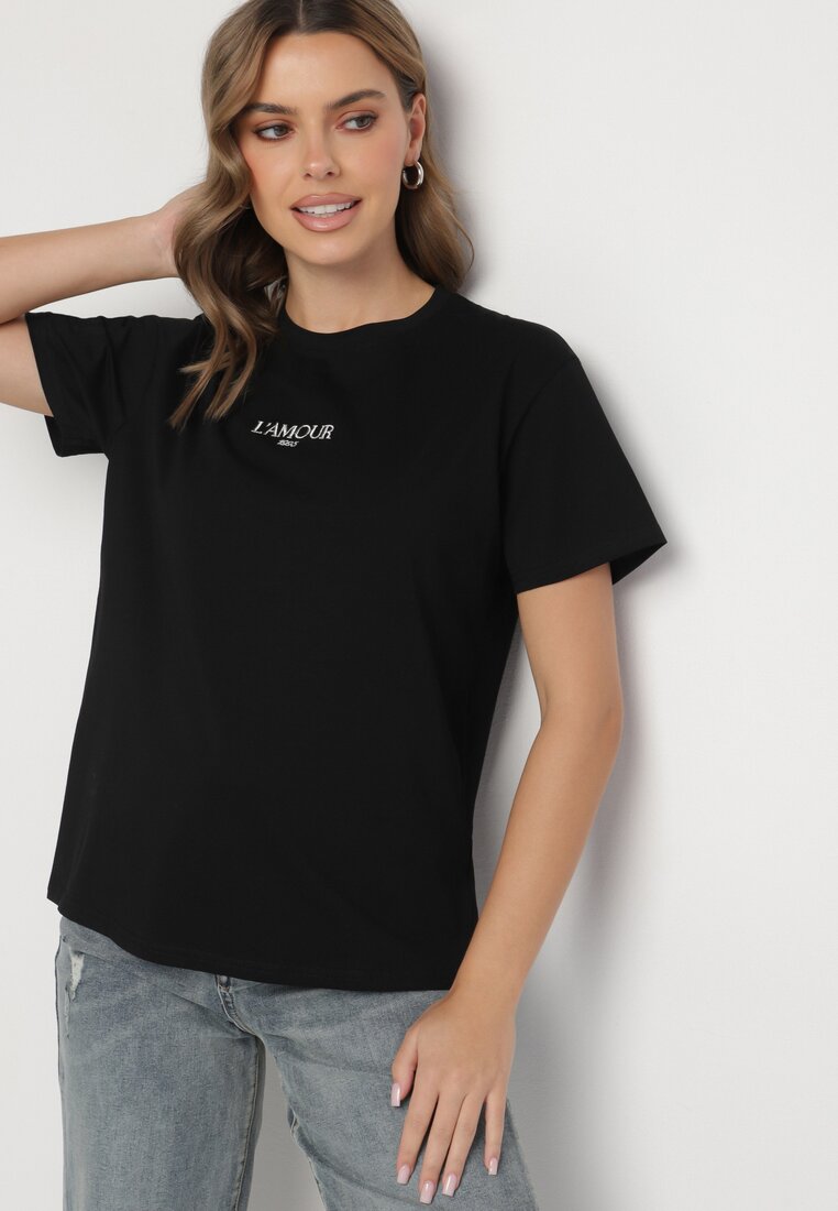 Czarny T-shirt z Bawełny Ozdobiony Napisem Marivorra