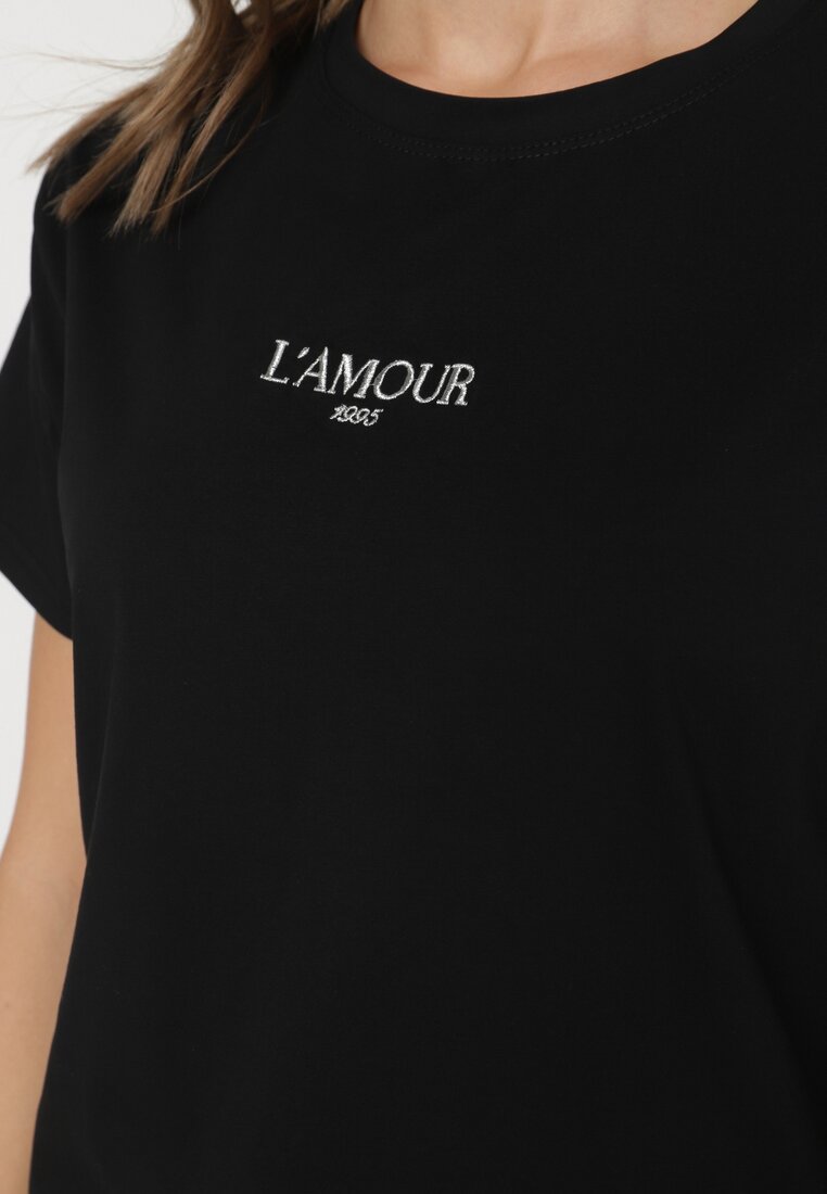 Czarny T-shirt z Bawełny Ozdobiony Napisem Marivorra