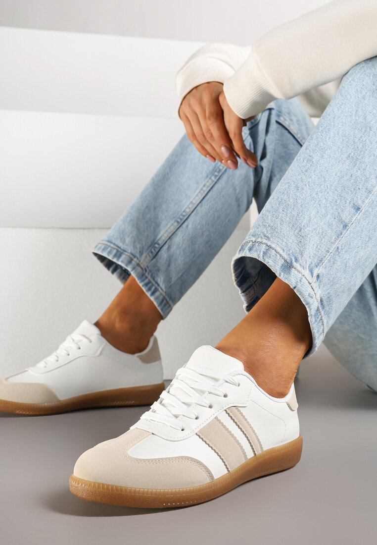Beżowo-Białe Sneakersy Tenisówki z Ozdobnymi Paskami Danavin