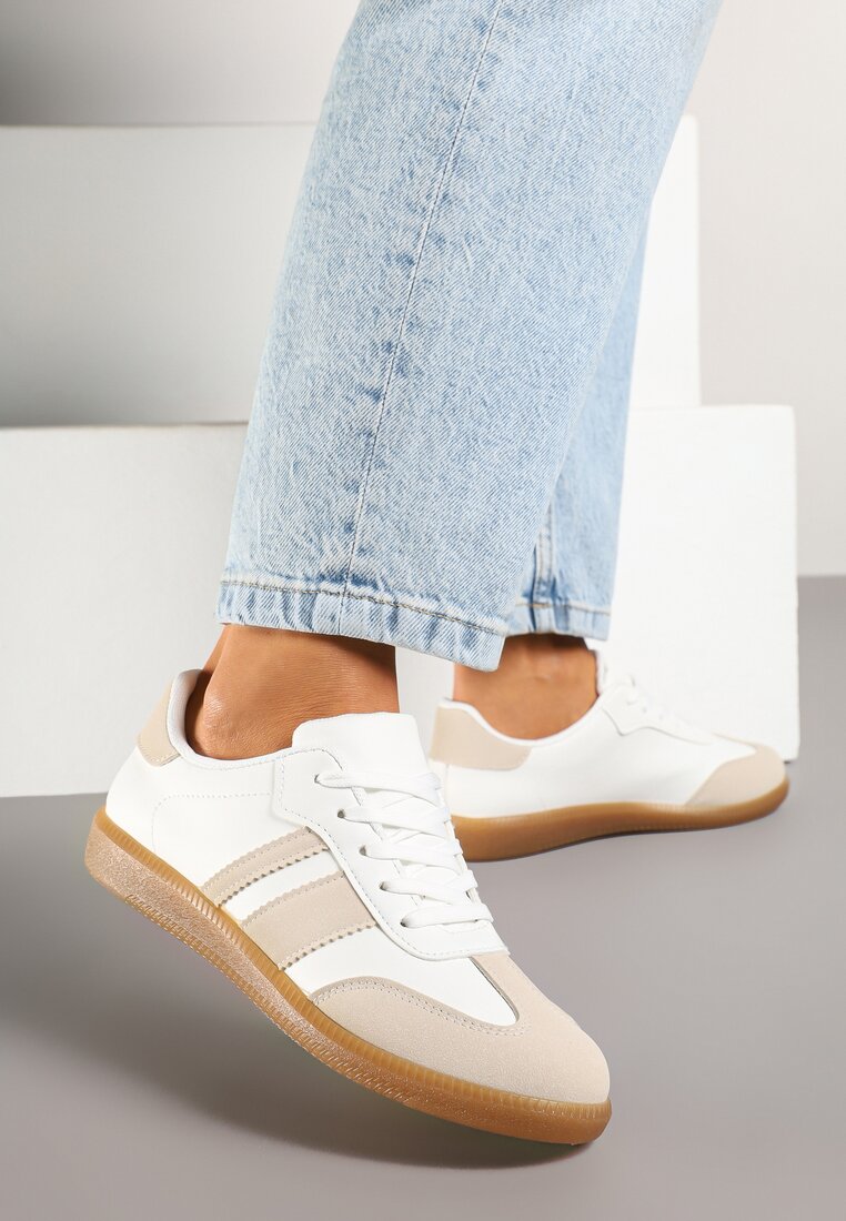 Beżowo-Białe Sneakersy Tenisówki z Ozdobnymi Paskami Danavin