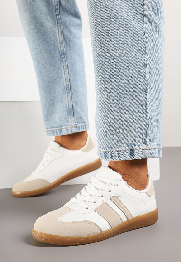 Beżowo-Białe Sneakersy Tenisówki z Ozdobnymi Paskami Danavin