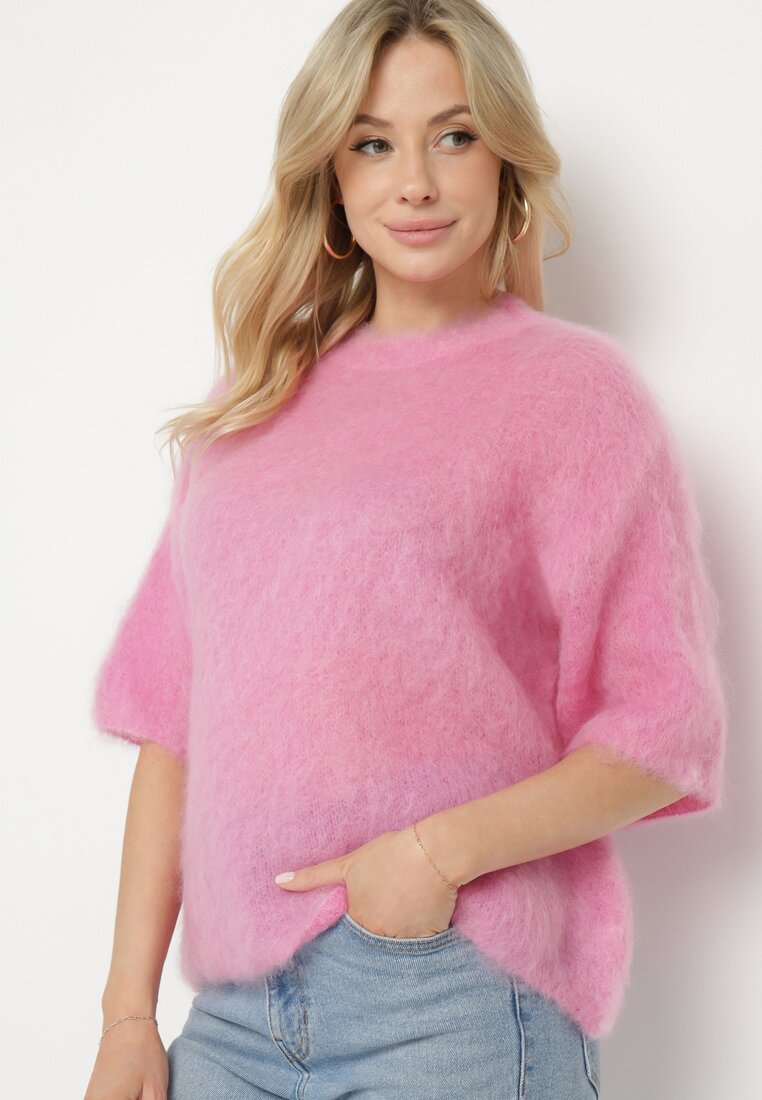 Różowy Moherowy Sweter o Kroju Nietoperza z Rękawami 3/4 Eleanira