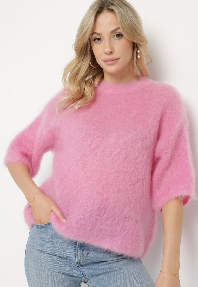 Różowy Moherowy Sweter o Kroju Nietoperza z Rękawami 3/4 Eleanira