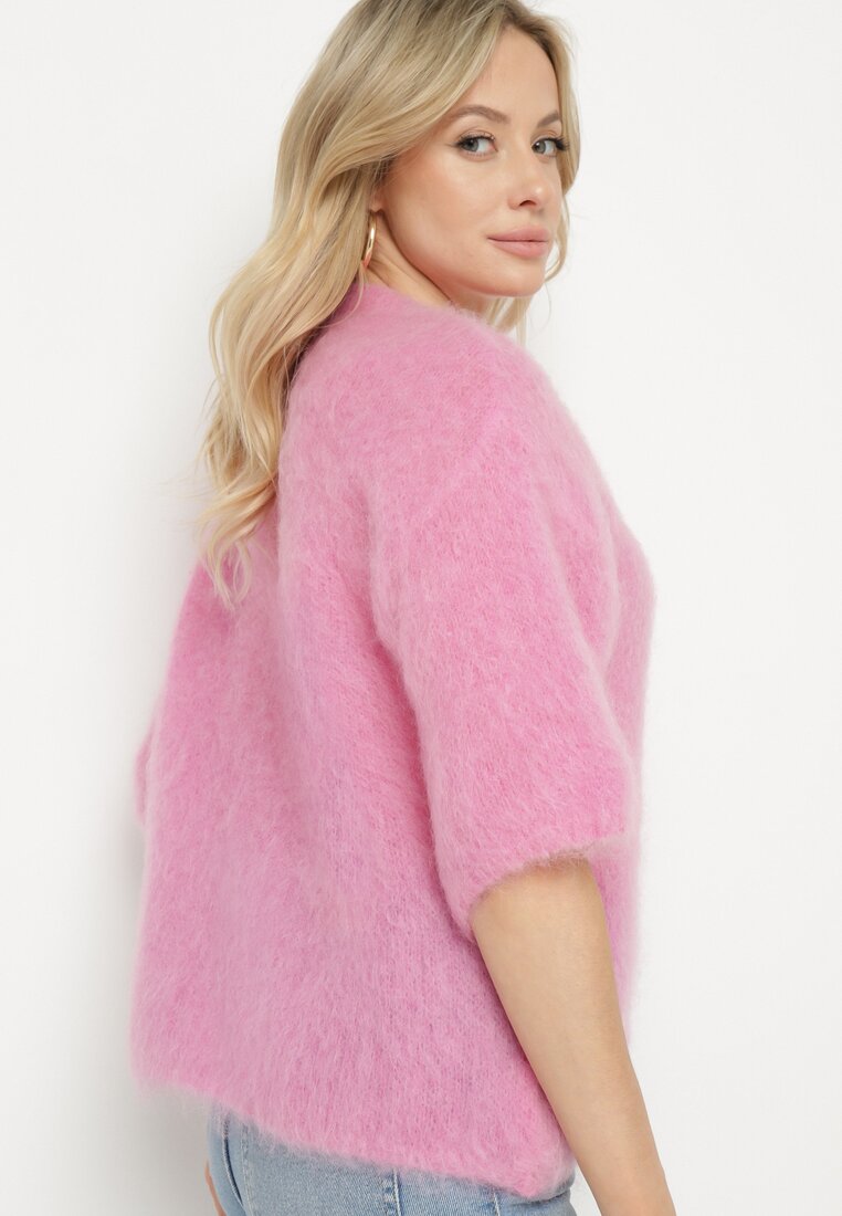 Różowy Moherowy Sweter o Kroju Nietoperza z Rękawami 3/4 Eleanira