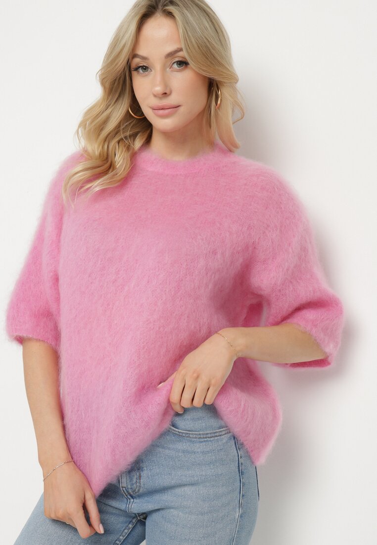 Różowy Moherowy Sweter o Kroju Nietoperza z Rękawami 3/4 Eleanira