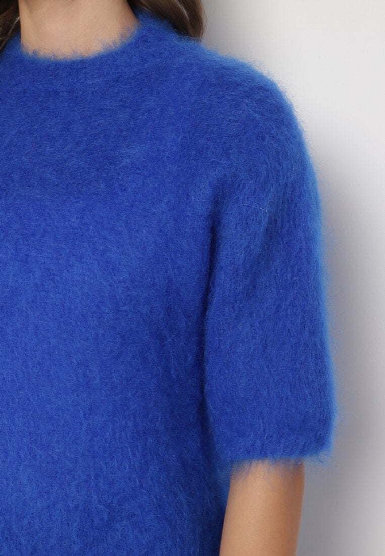Niebieski Moherowy Sweter o Kroju Nietoperza z Rękawami 3/4 Eleanira