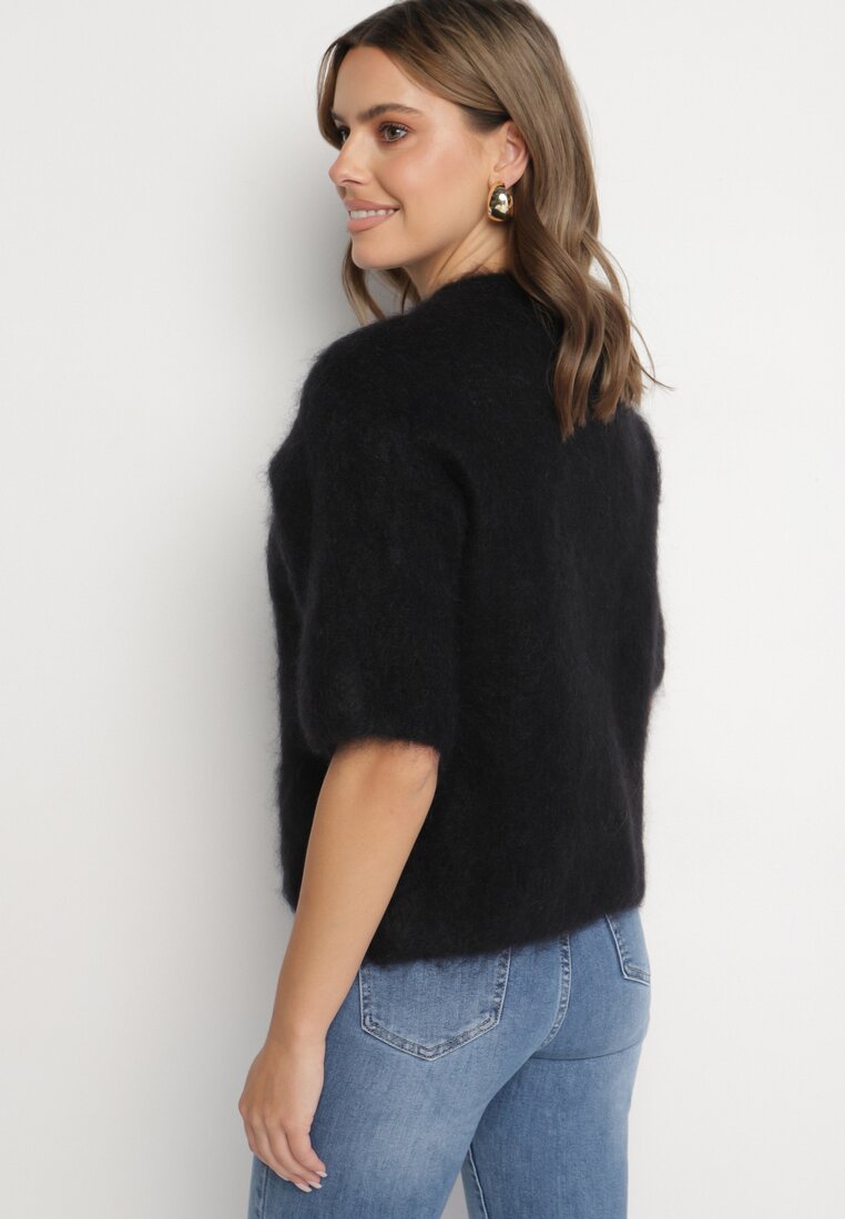 Czarny Moherowy Sweter o Kroju Nietoperza z Rękawami 3/4 Eleanira