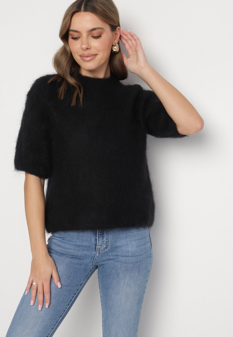 Czarny Moherowy Sweter o Kroju Nietoperza z Rękawami 3/4 Eleanira