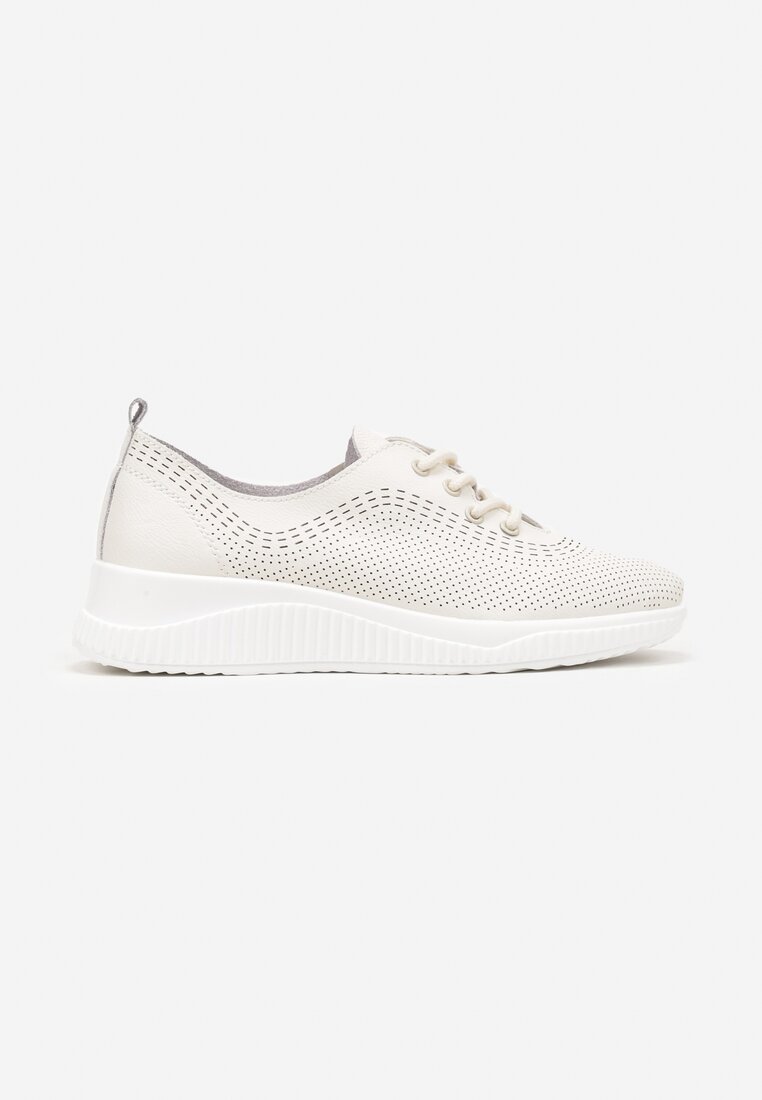 Beżowe Skórzane Sneakersy Ozdobione Perforacją ze Skórzaną Wkładką Rivlotis