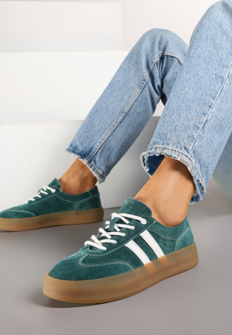 Ciemnozielone Skórzane Sneakersy w Stylu Kultowych Tenisówek Rerionelle