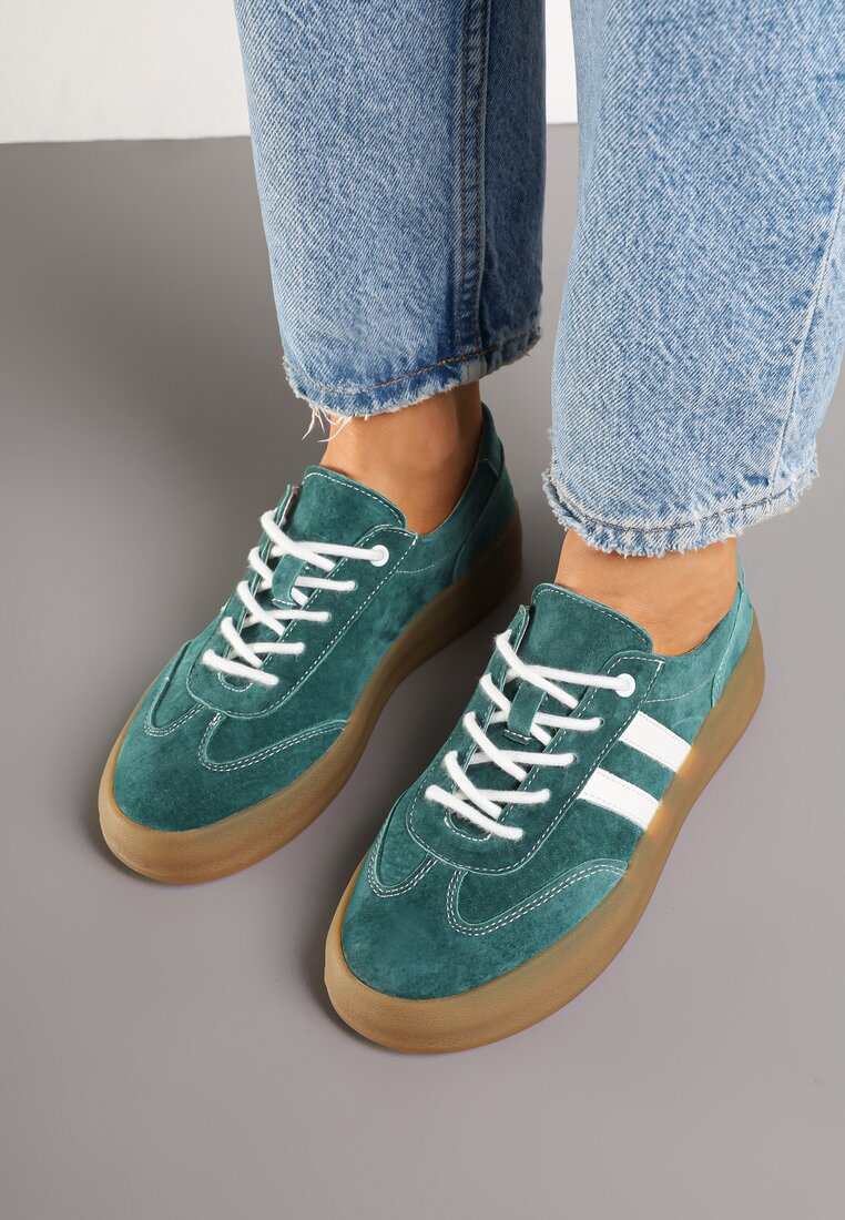 Ciemnozielone Skórzane Sneakersy w Stylu Kultowych Tenisówek Rerionelle