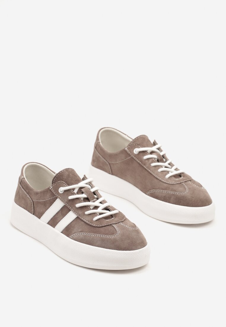 Brązowe Skórzane Sneakersy Typu Klasyczne Tenisówki na Grubej Podeszwie Eleavine