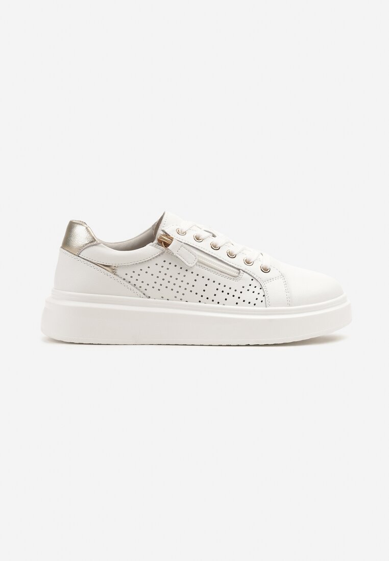 Białe Skórzane Sneakersy ze Skórzaną Wkładką i Perforacją Koloris