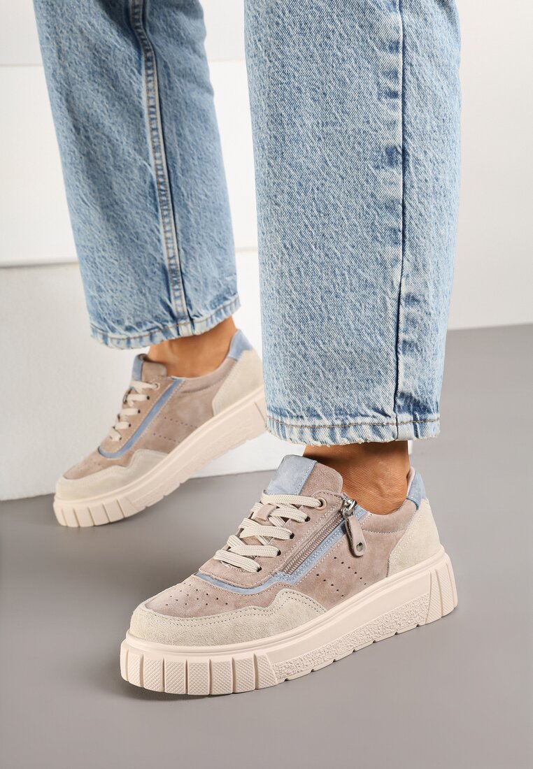 Beżowo-Niebieskie Skórzane Sneakersy w Streetwearowym Stylu Zdobione Suwakiem Elearessa