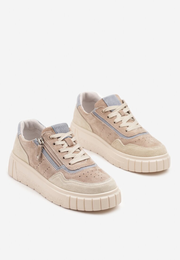Beżowo-Niebieskie Skórzane Sneakersy w Streetwearowym Stylu Zdobione Suwakiem Elearessa