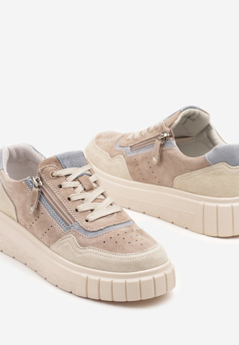 Beżowo-Niebieskie Skórzane Sneakersy w Streetwearowym Stylu Zdobione Suwakiem Elearessa
