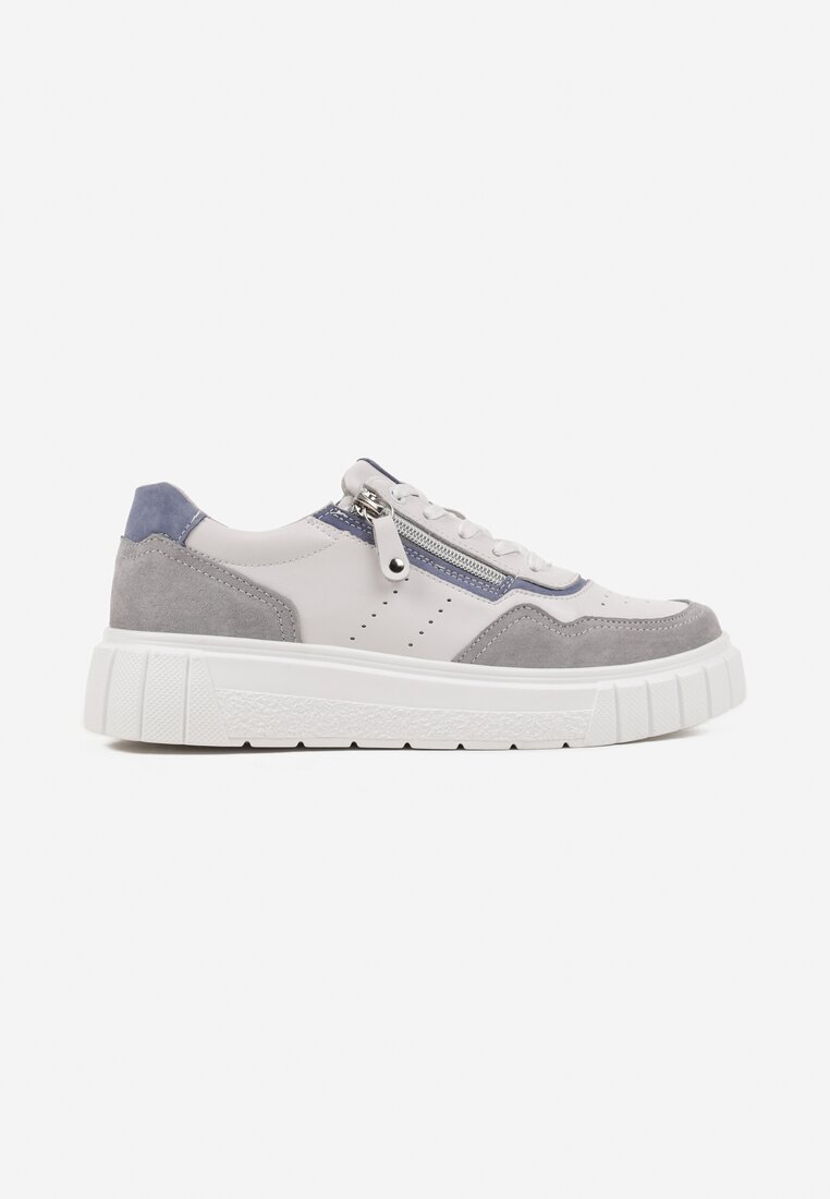 Biało-Szare Skórzane Sneakersy w Streetwearowym Stylu Zdobione Suwakiem Elearessa