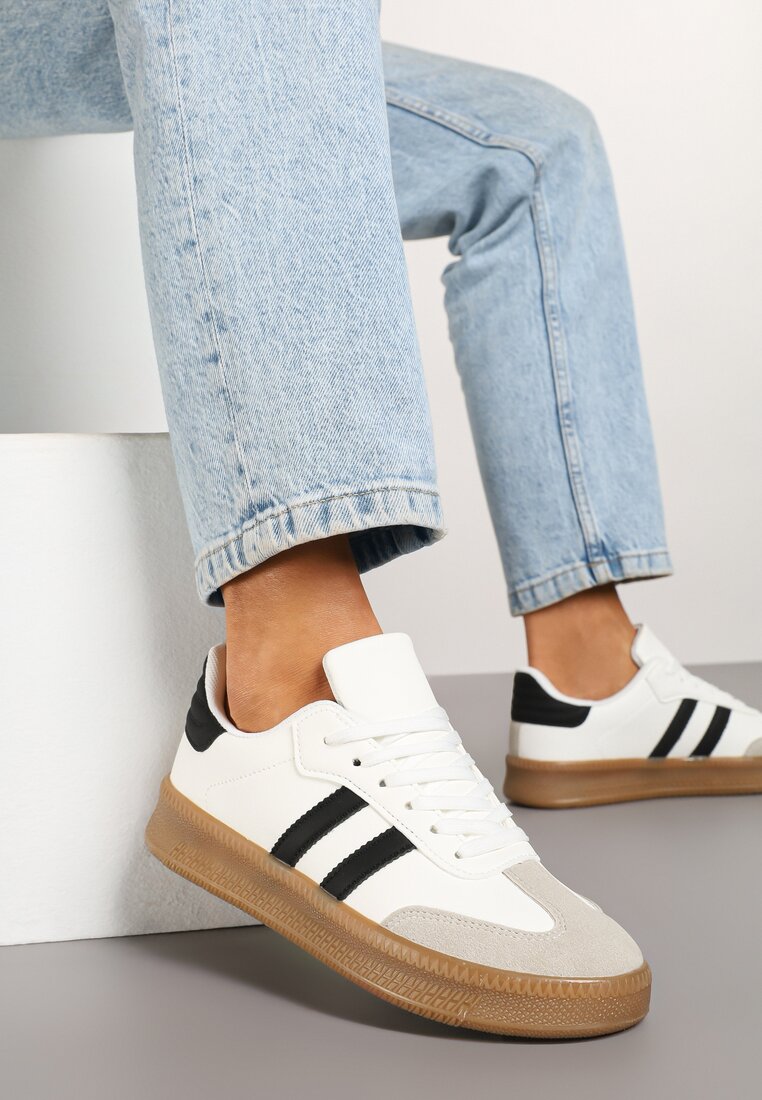 Biało-Czarne Sneakersy na Grubej Podeszwie z Ozdobnymi Paskami Neveletta