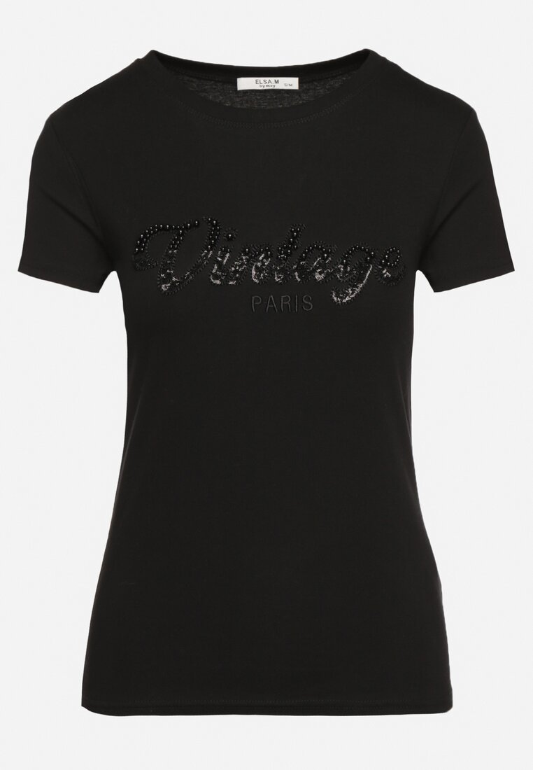Czarny Bawełniany T-shirt z Metalicznym Napisem Xalaviel