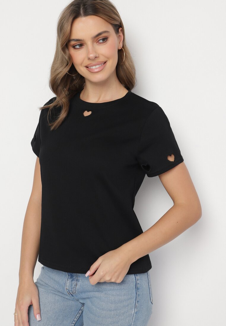 Czarny T-shirt z Bawełny z Motywem Serc Isvivis