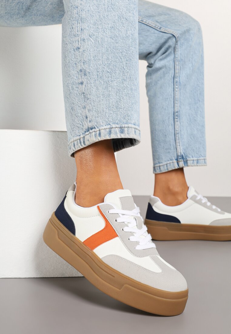 Biało-Pomarańczowe Sneakersy Typu Klasyczne Tenisówki na Grubej Podeszwie Hanistra
