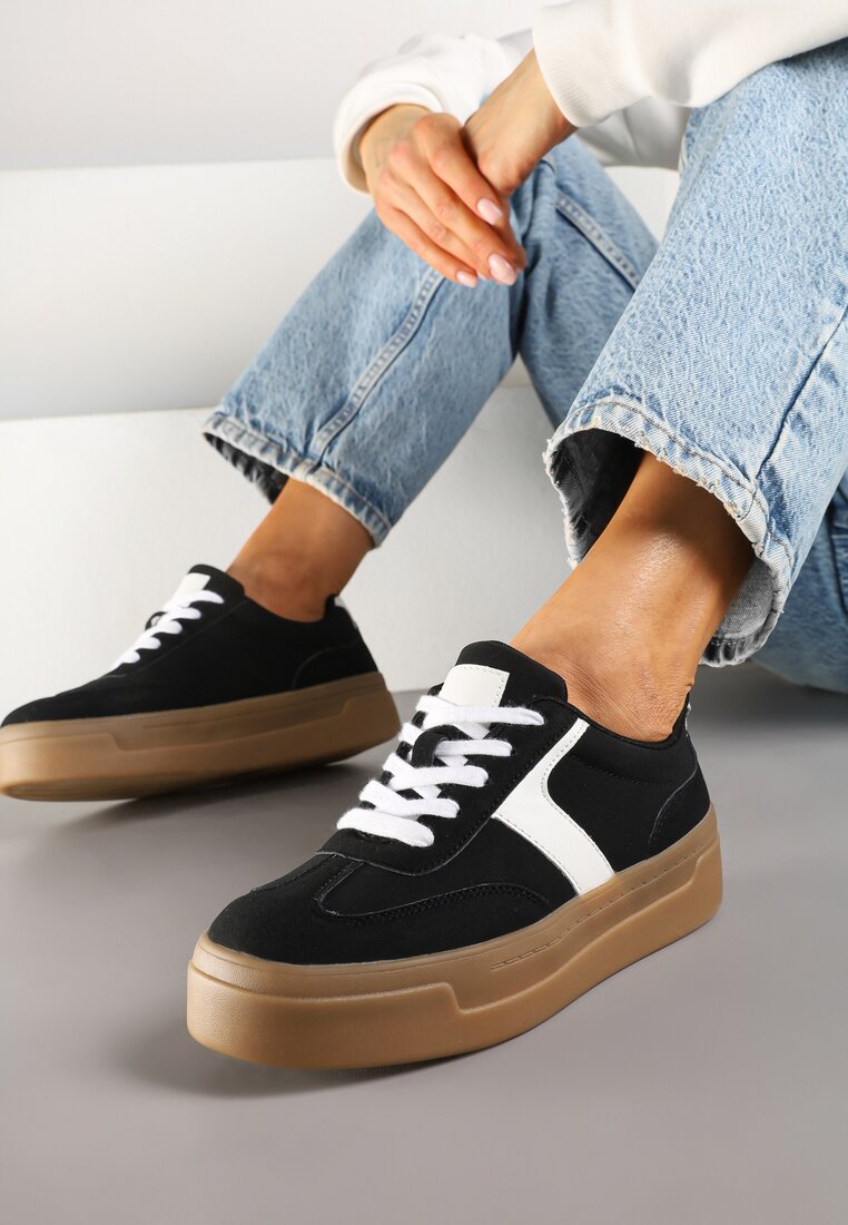 Czarne Sneakersy Typu Klasyczne Tenisówki na Grubej Podeszwie Hanistra