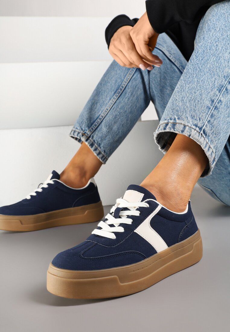 Granatowe Sneakersy Typu Klasyczne Tenisówki na Grubej Podeszwie Hanistra