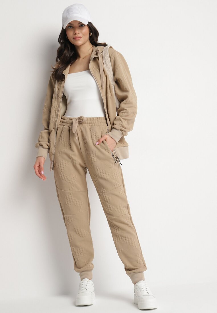Ciemnobeżowy Komplet Dresowy Bluza z Kapturem i Joggery Rerialda