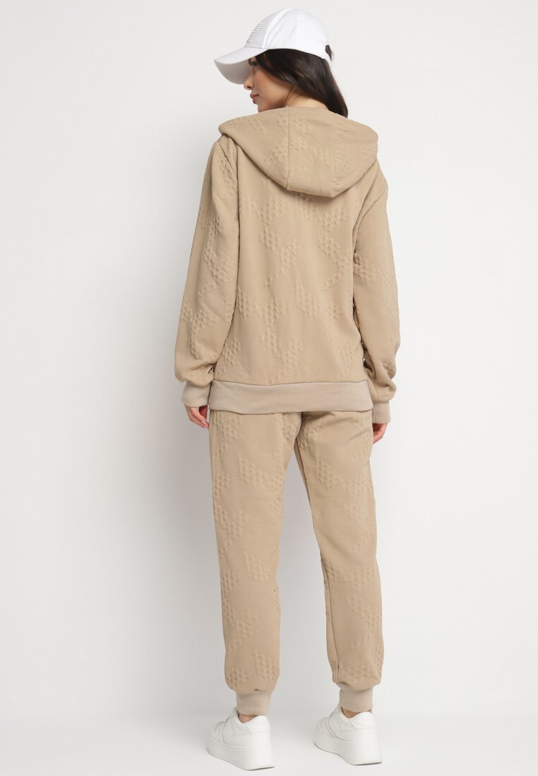 Ciemnobeżowy Komplet Dresowy Bluza z Kapturem i Joggery Rerialda