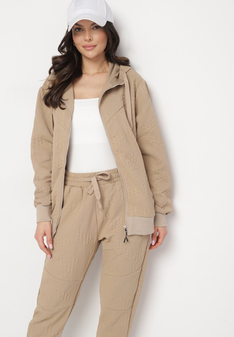 Ciemnobeżowy Komplet Dresowy Bluza z Kapturem i Joggery Rerialda