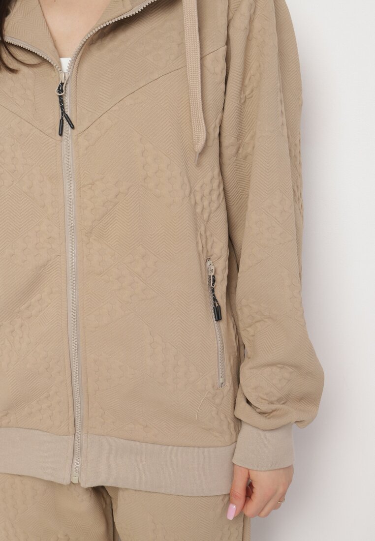 Ciemnobeżowy Komplet Dresowy Bluza z Kapturem i Joggery Rerialda