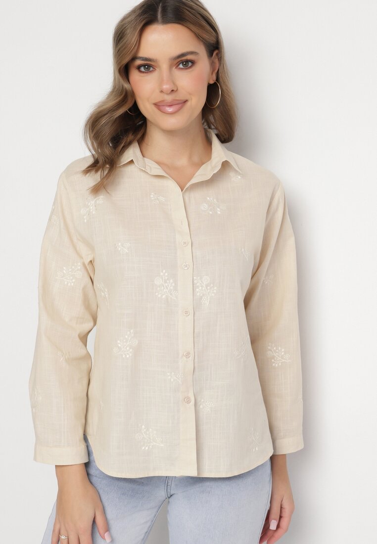 Ciemnobeżowa Bawełniana Koszula z Regulowanymi Rękawami Domira