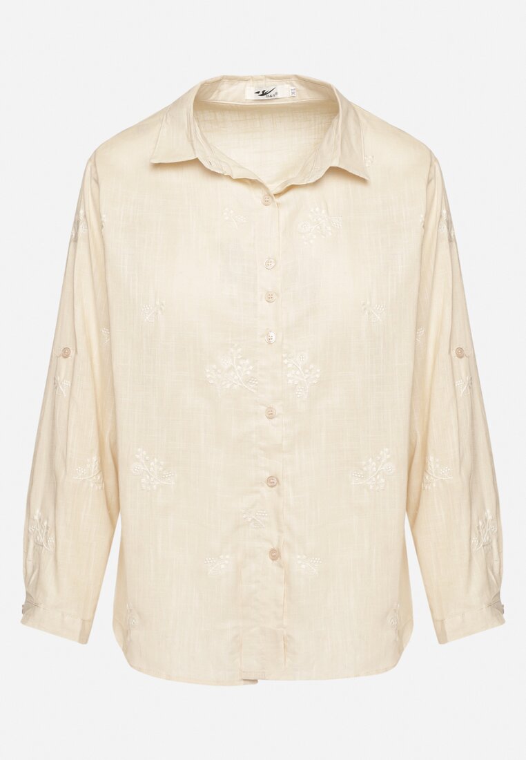 Ciemnobeżowa Bawełniana Koszula z Regulowanymi Rękawami Domira