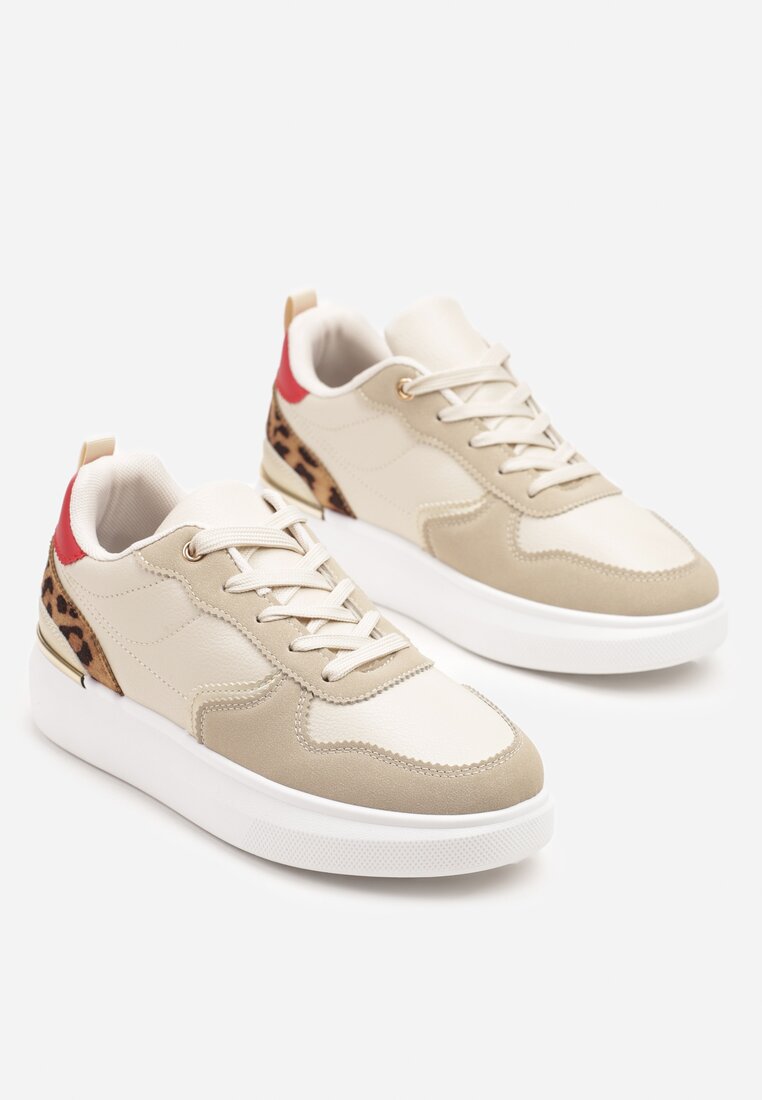 Beżowe Sneakersy Ozdobione Metalicznymi Wstawkami i Wzorem w Panterkę Delarila