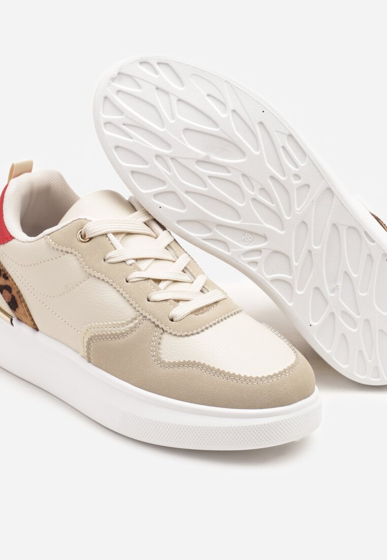 Beżowe Sneakersy Ozdobione Metalicznymi Wstawkami i Wzorem w Panterkę Delarila