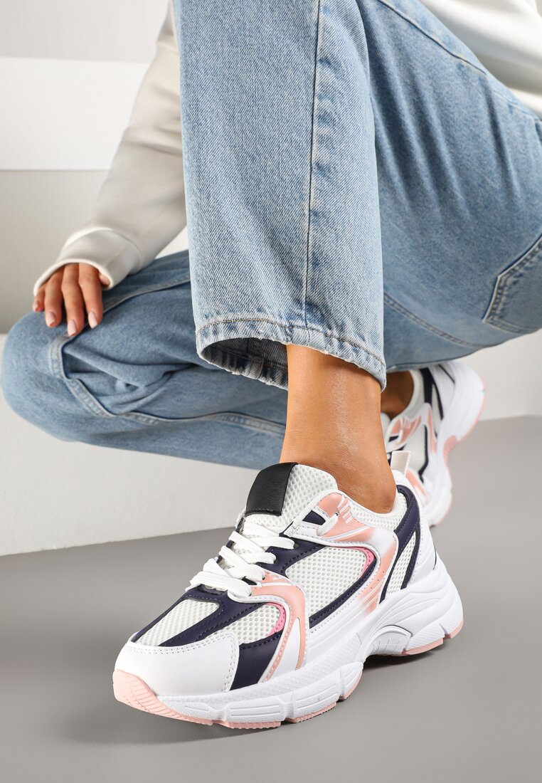 Biało-Granatowe Sneakersy z Siateczką na Piankowej Podeszwie Vallexia