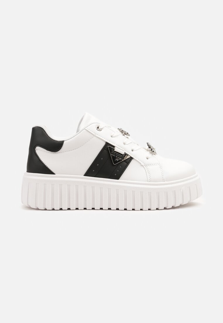 Biało-Czarne Sneakersy na Grubej Podeszwie z Metalicznymi Aplikacjami Elealenna