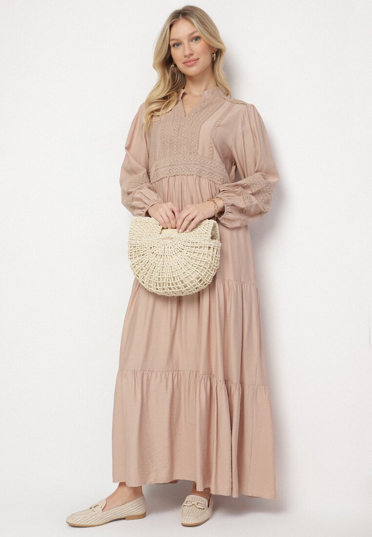 Beżowa Wiskozowa Sukienka Boho o Rozkloszowanym Kroju z Gumką i Koronką Gonillea