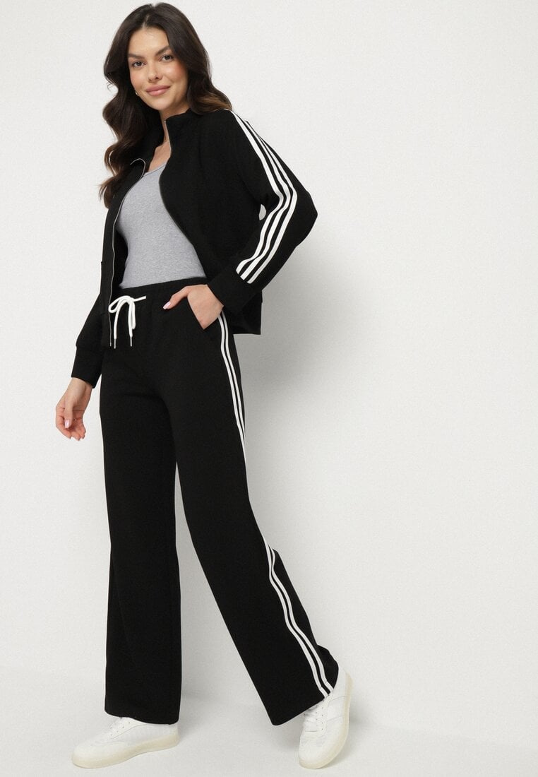 Czarne Szerokie Spodnie Dresowe z Wiskozą Ozdobione Sznurkiem i Lampasami Fenila