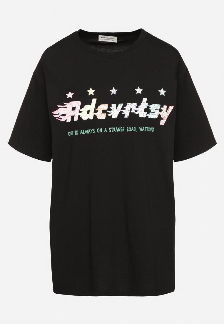 Czarny Oversizowy T-shirt z Napisem z Przodu i Gwiazdami na Plecach Ilanlith