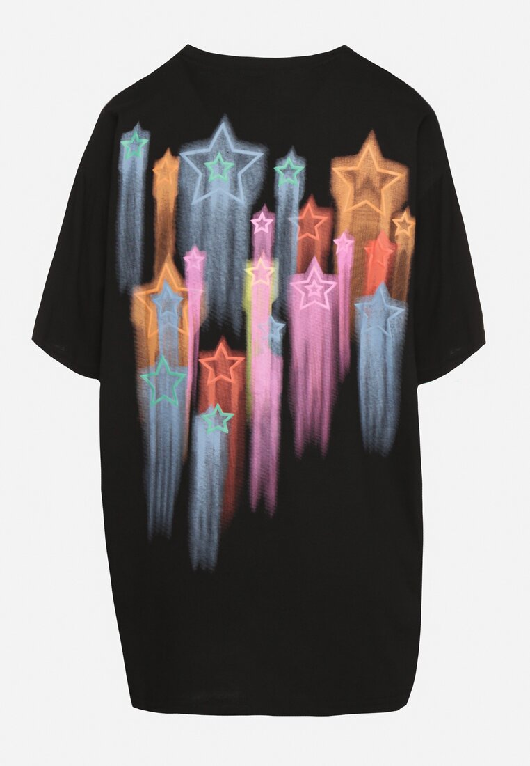 Czarny Oversizowy T-shirt z Napisem z Przodu i Gwiazdami na Plecach Ilanlith